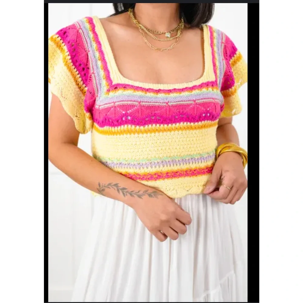 POL Crochet‎ Crop Top Striped Boho Festival Square Neck Summer Top Yellow Small